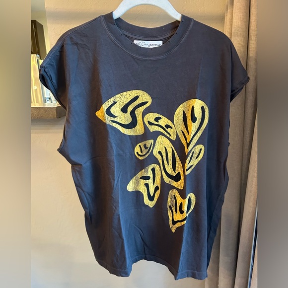 Girl Dangerous Tops - GIRL DANGEROUS Dark Grey Short Sleeve Tee with Yellow Smiley Face Print, XS